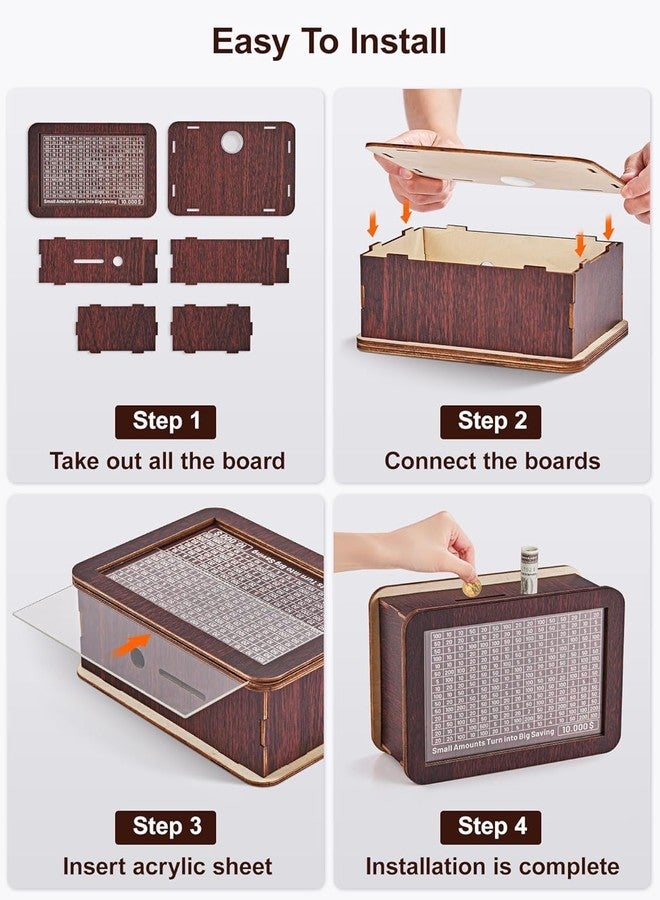 KMJSA حصالة نقود خشبية من KMJSA للأطفال والكبار، صندوق عملات بتصميم منحوت، صندوق توفير، حصالة صغيرة، صندوق تبرعات، حصالة نقود ذكية، صندوق عملات خشبي، موفر للمال، حصالة بأرقام - Image 2